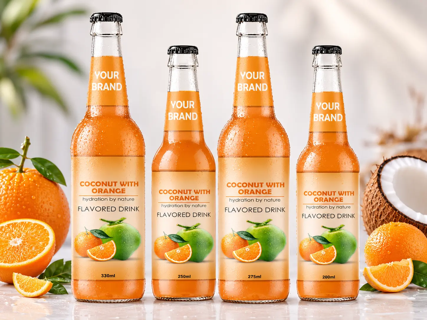 COCONUT FLAVORED DRINK orange flavour shown in 330ml, 250ml, 275ml, and 200ml bottles.